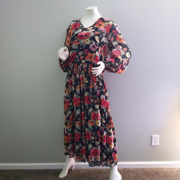 Vintage 90s Umi Collections Anne Crimmins Red Poppy Floral Silk Ruched Dress 12 - Picture 3 of 8